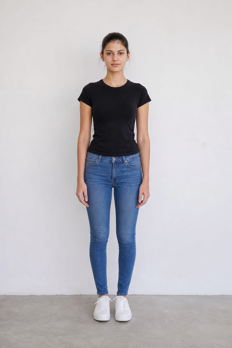 Young woman standing against a white wall in a black t-shirt and jeans, a plain application photo with no make-up