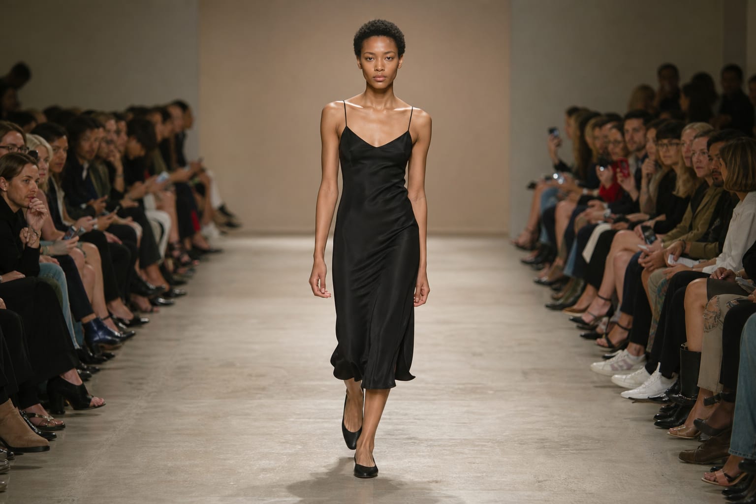 Modeling competition finalist walking the runway in plain black clothes while agents watch from their seats