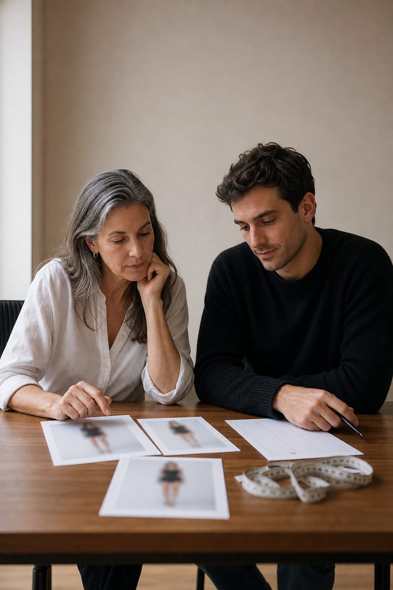Agents at a table reviewing a candidate's photos and measurements at a casting