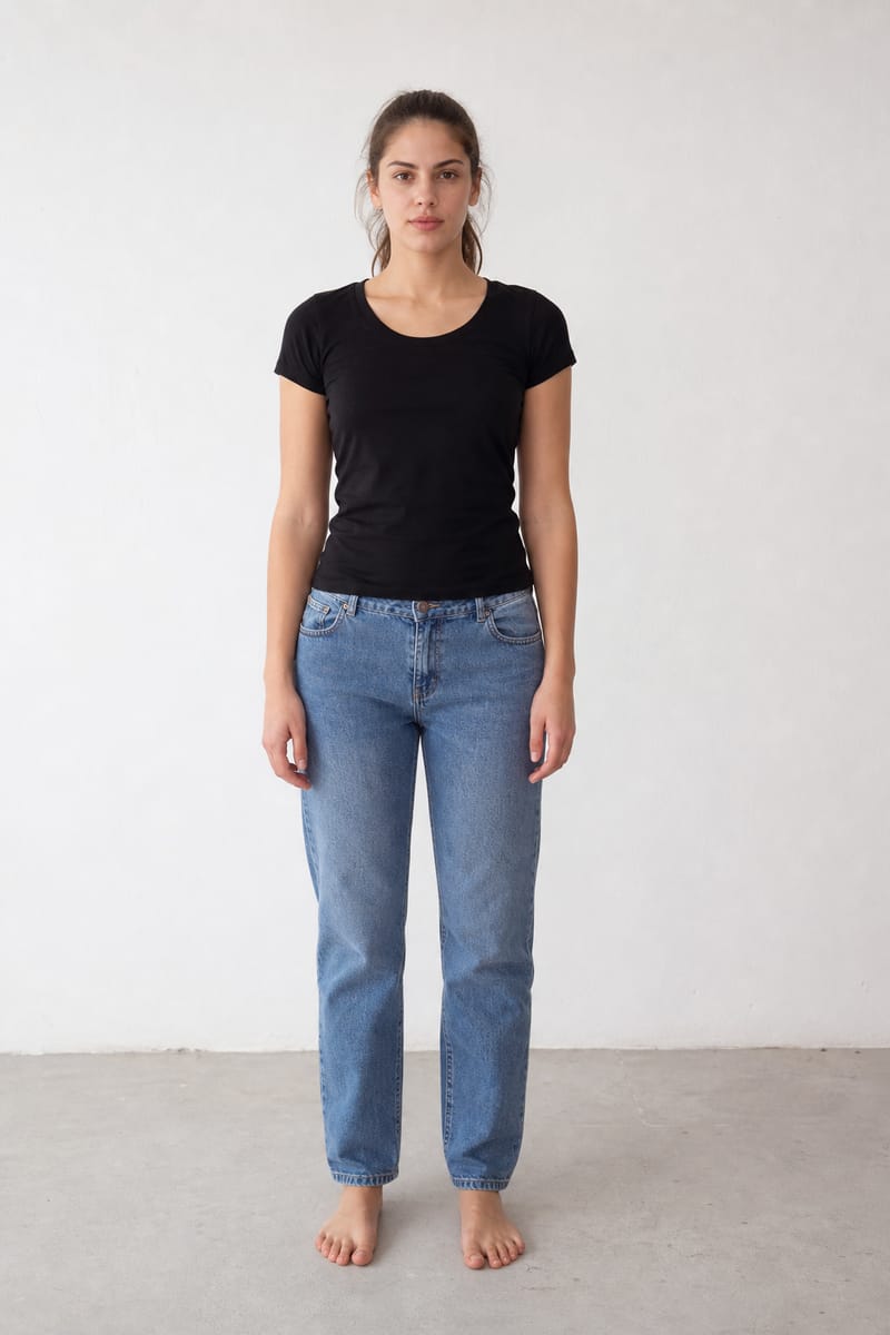 The same woman with no makeup, in a black T-shirt and jeans, standing against a white wall for agency digitals