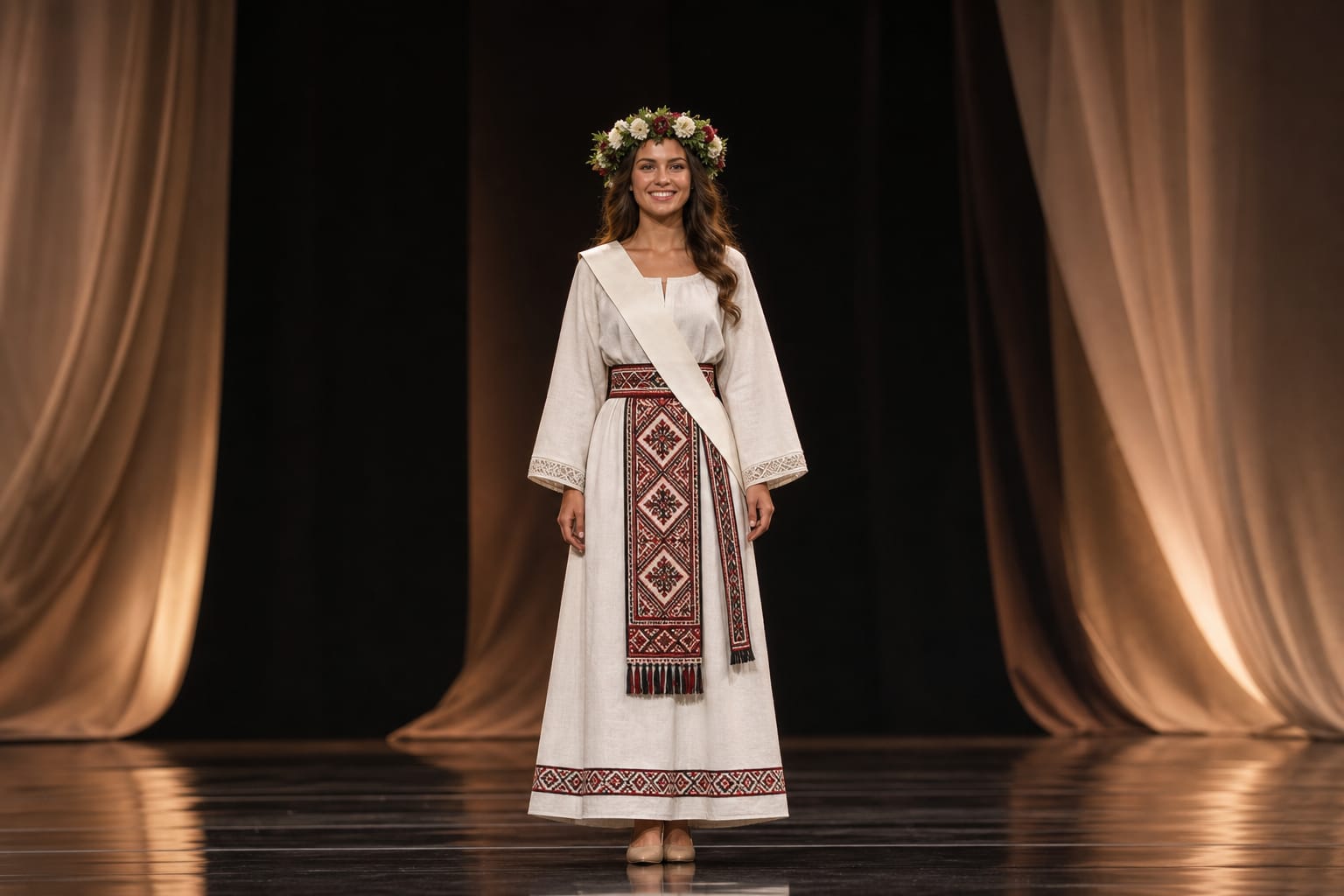 A pageant contestant posing on stage in a costume inspired by folk motifs with a patterned woven sash