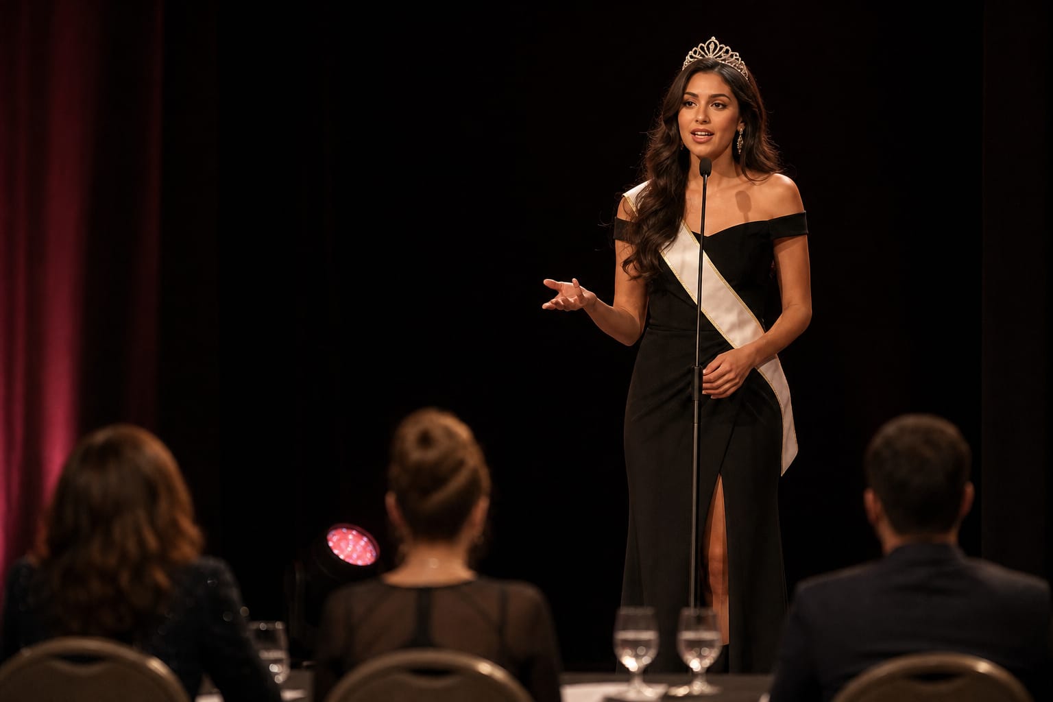 A pageant contestant in an evening gown answering a judge's question at a microphone