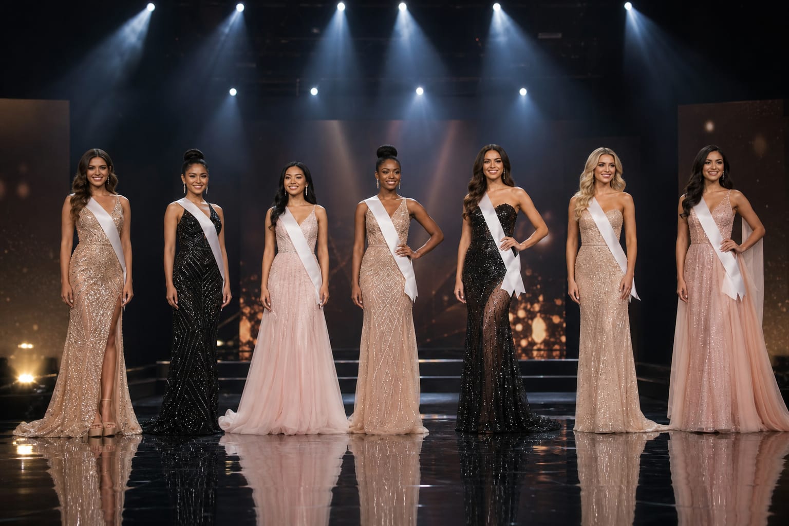 Beauty pageant finalists in evening gowns standing in a line on a spotlit stage