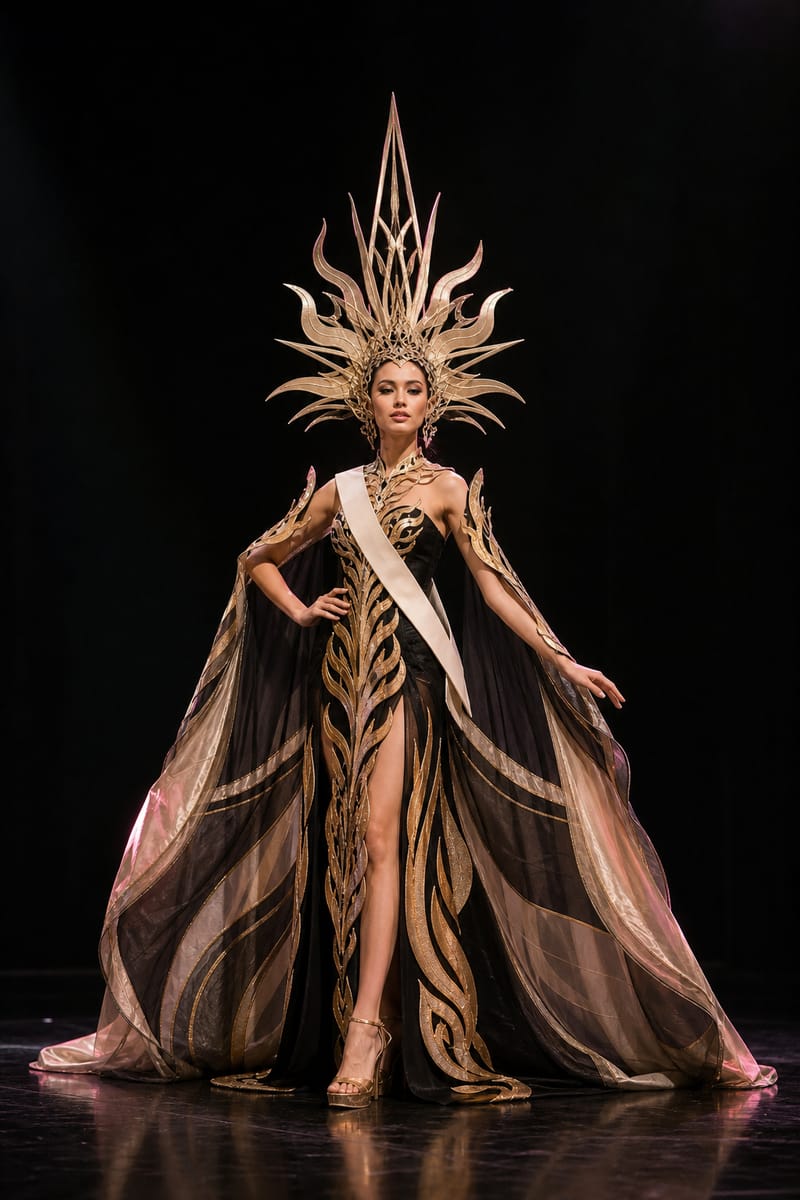 A contestant posing on stage in a dramatic national costume with a large headpiece