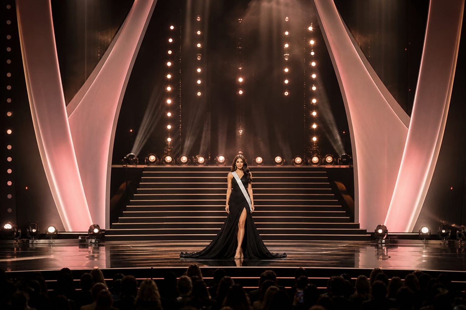 A pageant contestant in a sparkling evening gown on a large stage under spotlights