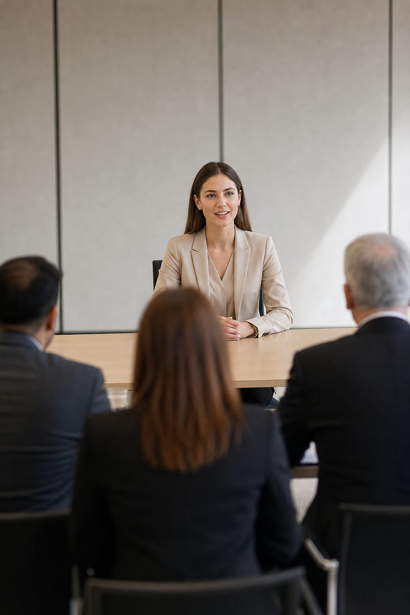 Young woman in a business suit sitting at a table talking to a judging panel, upright posture, hands resting on the table