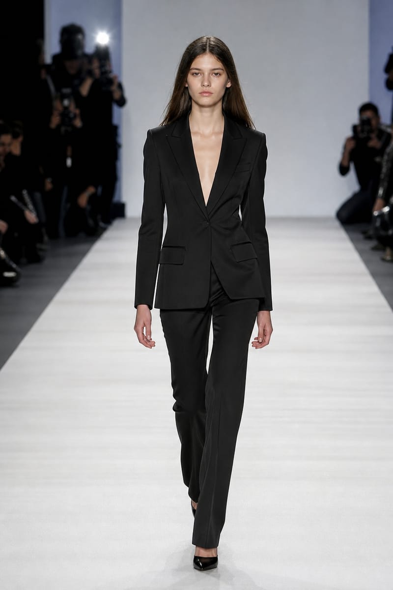Model in a black suit walking a runway straight ahead with a neutral face