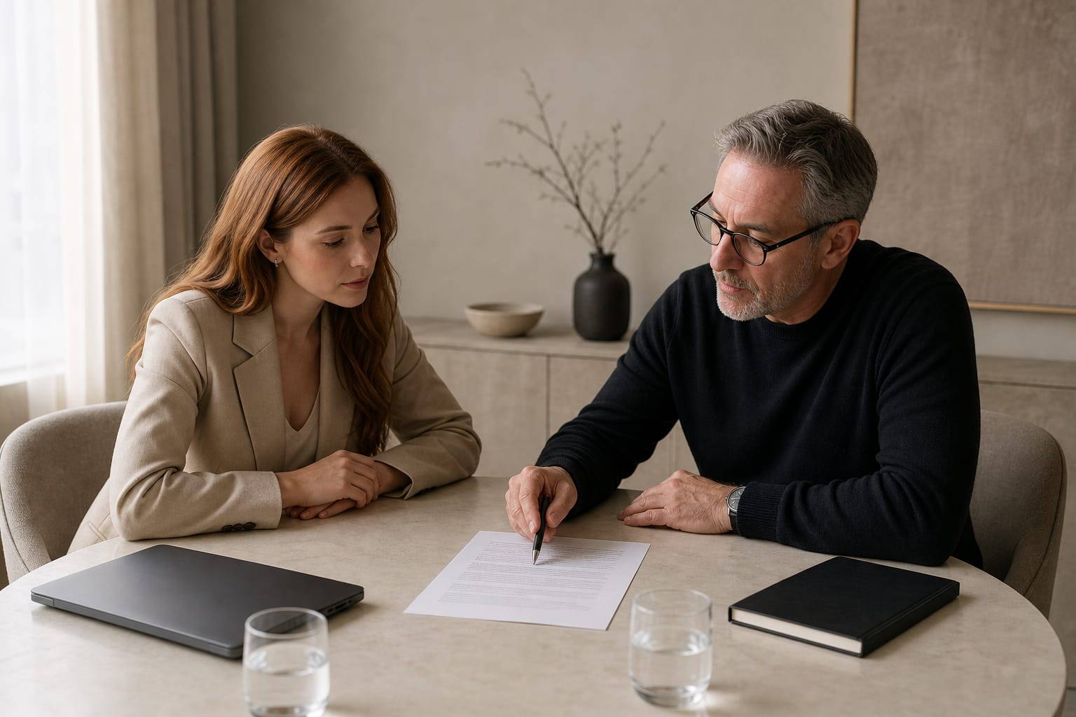 A talent manager points with a pen at a clause in a printed contract while a young creator listens across the table
