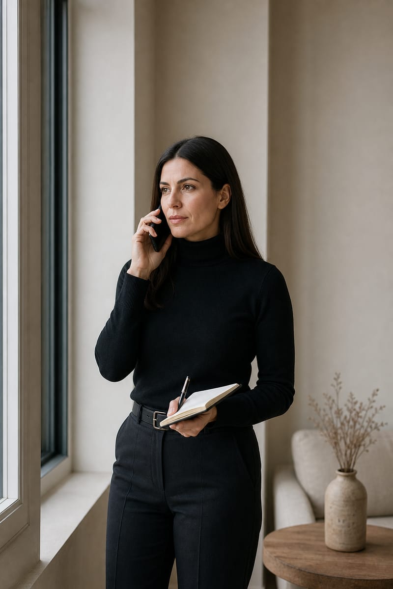 Talent manager by a window on a phone call, noting deal terms in a notebook