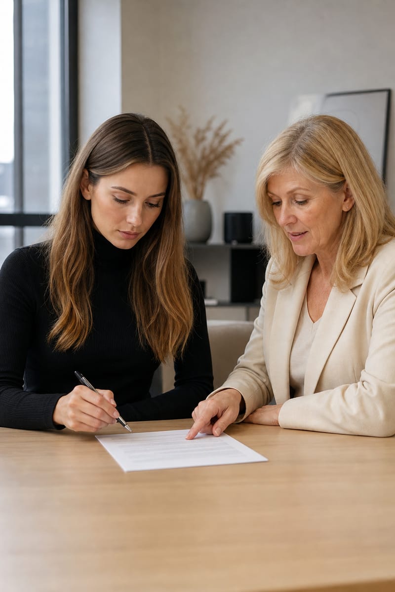 A young model in a black turtleneck reads a contract carefully while her agent points to a paragraph