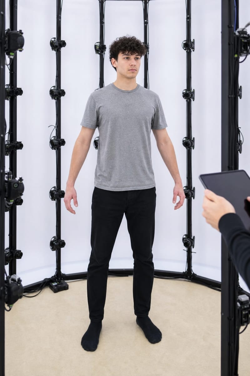 A male model in a grey t-shirt stands in a 3D body-scanning booth surrounded by dozens of cameras on black poles