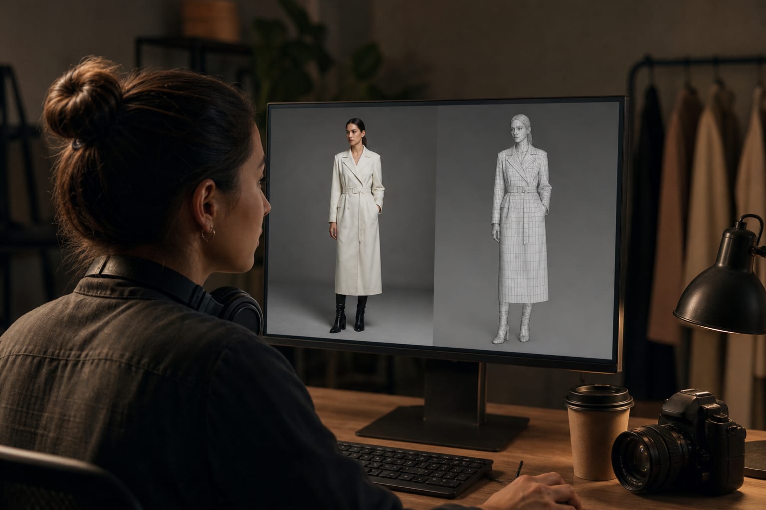 A retoucher at a large monitor showing a photorealistic image of a model next to a grey 3D wireframe of the same figure