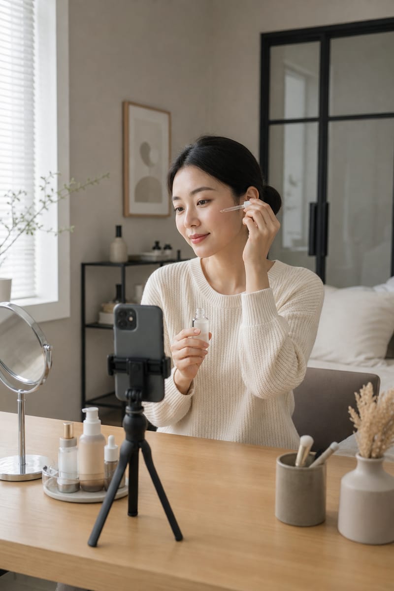 Ambassador filming herself at home with a phone while using a skincare product