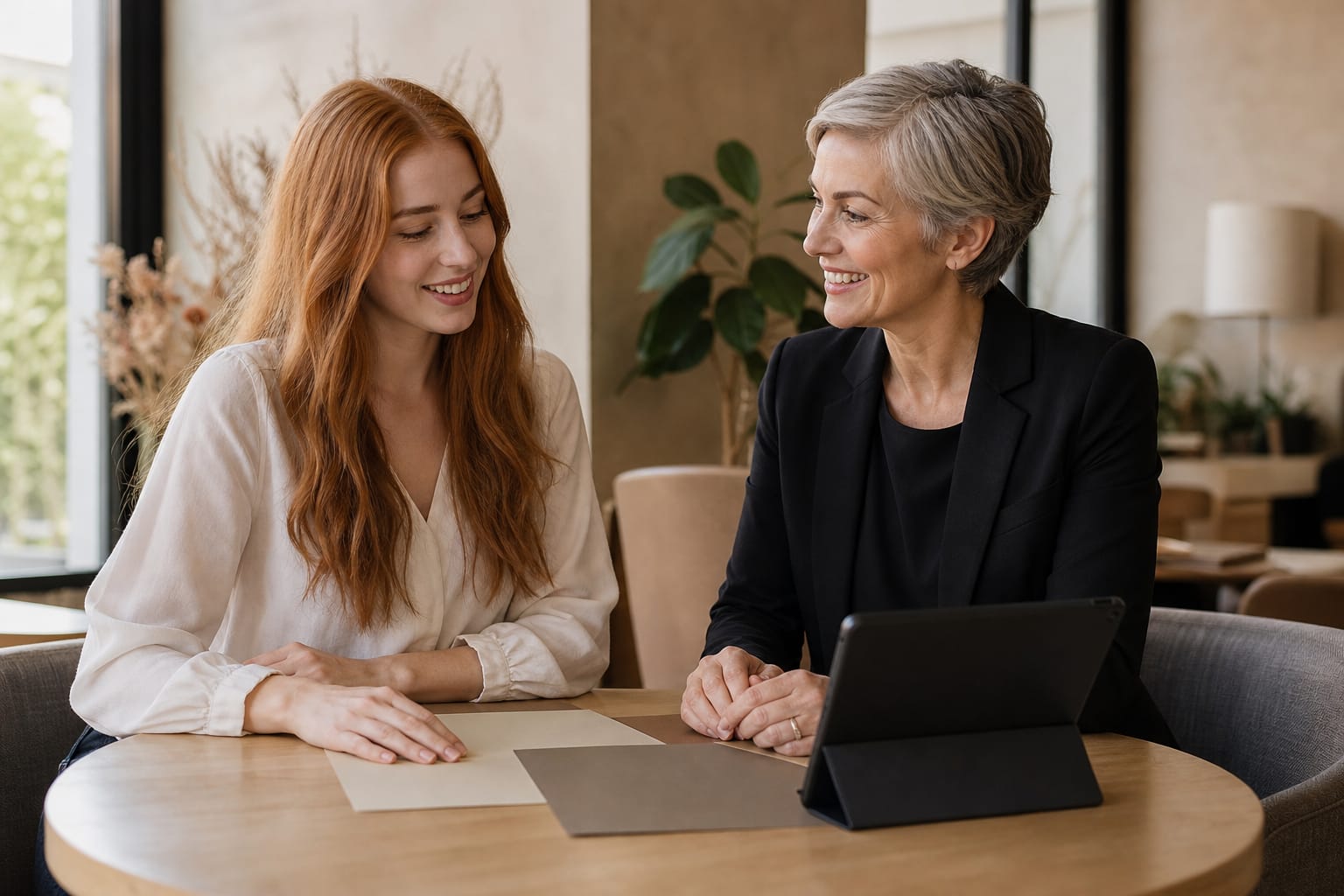 Content creator and a brand representative discussing partnership terms at a table