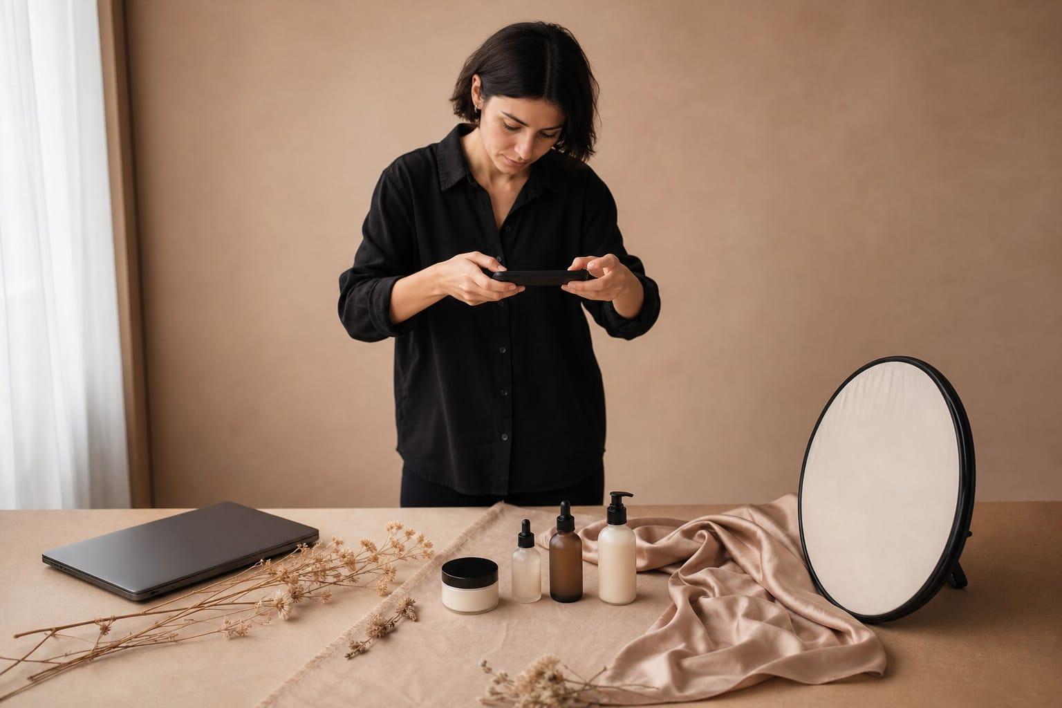 Content creator photographing cosmetic products on a table with a phone, laptop beside her