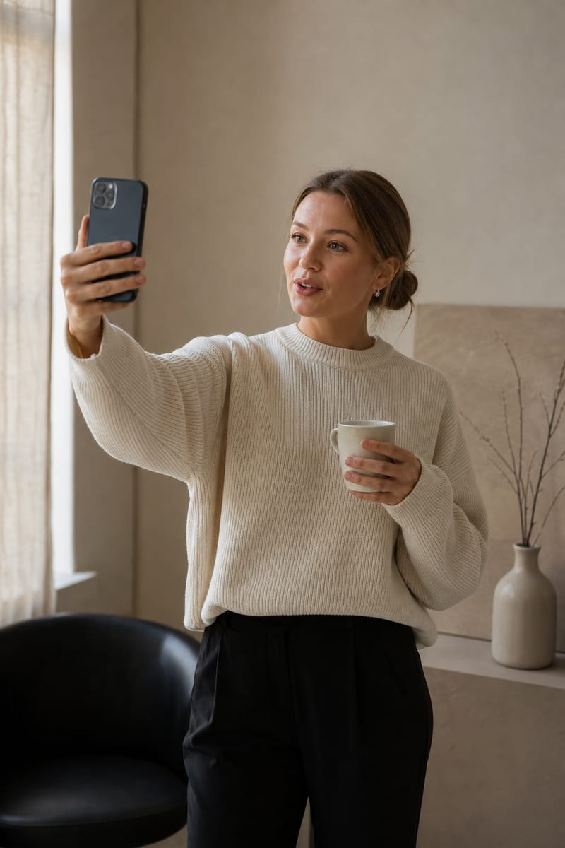 Young woman holding a coffee cup talks to her phone while recording a short video for followers