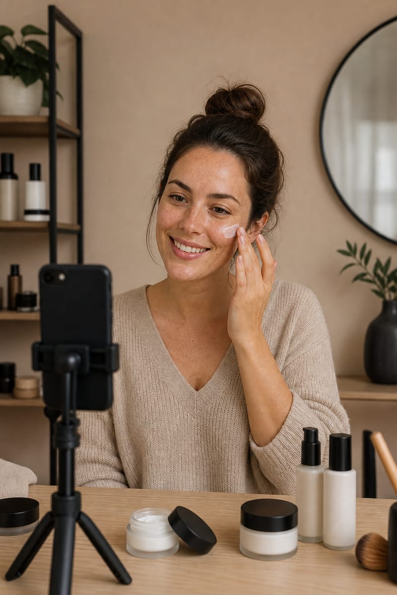 Beauty influencer at a mirror showing the camera how she applies cream to her cheek