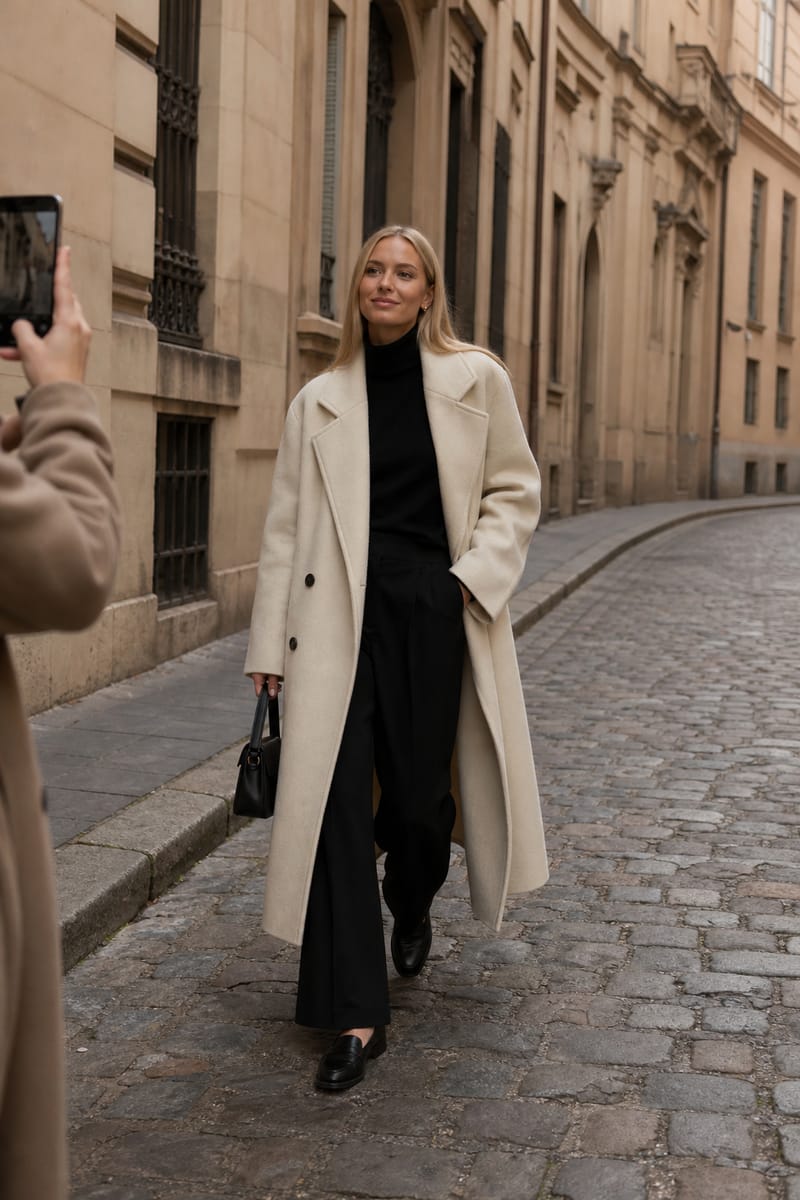 Fashion influencer posing on a city street in a cream coat and black trousers while being filmed on a phone