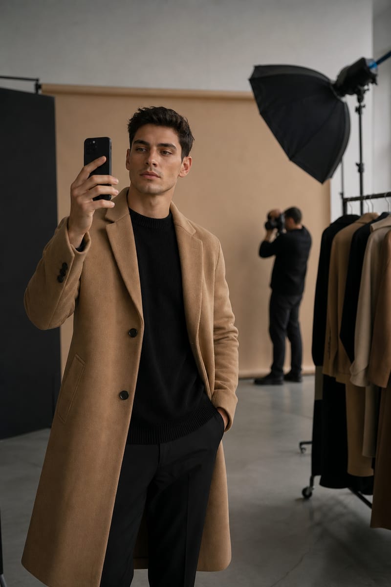 Male model in a camel coat films a short behind-the-scenes clip on his phone during a shoot, with a photographer and softbox behind him