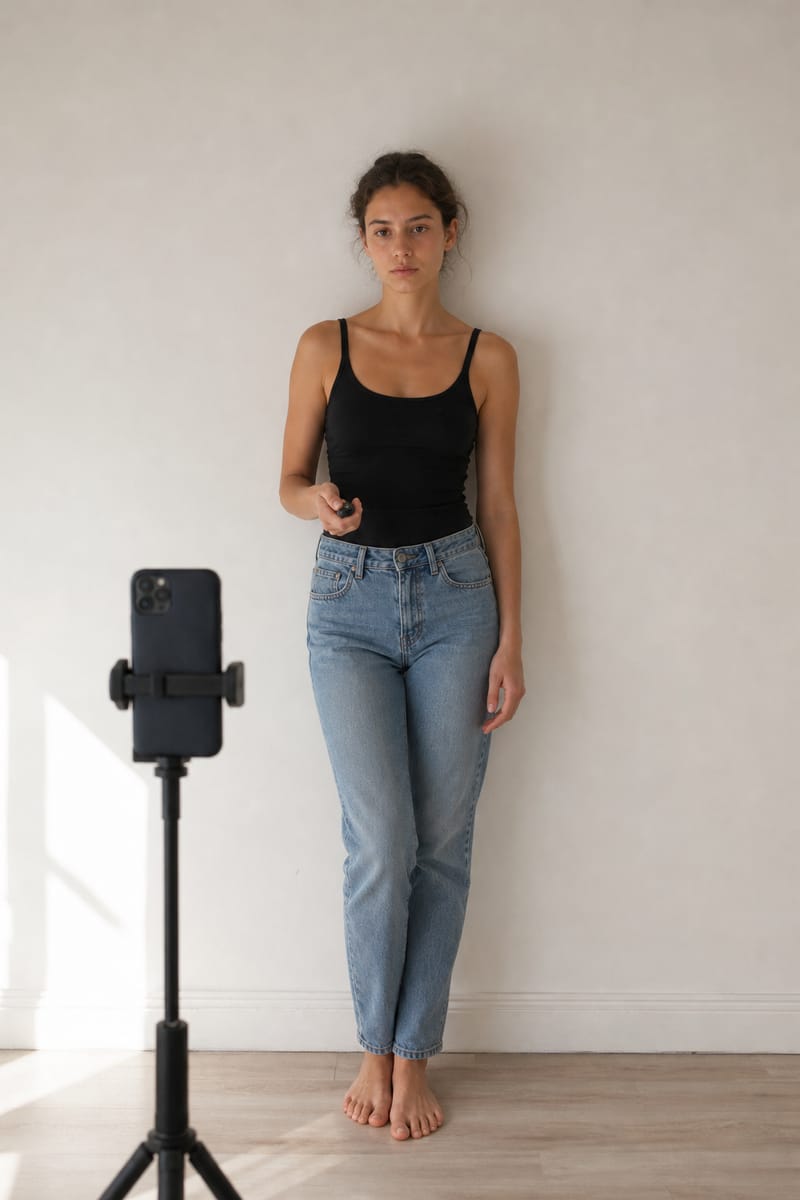 Young woman without make-up in a black tank top and jeans photographs herself against a white wall in daylight with a phone on a tripod