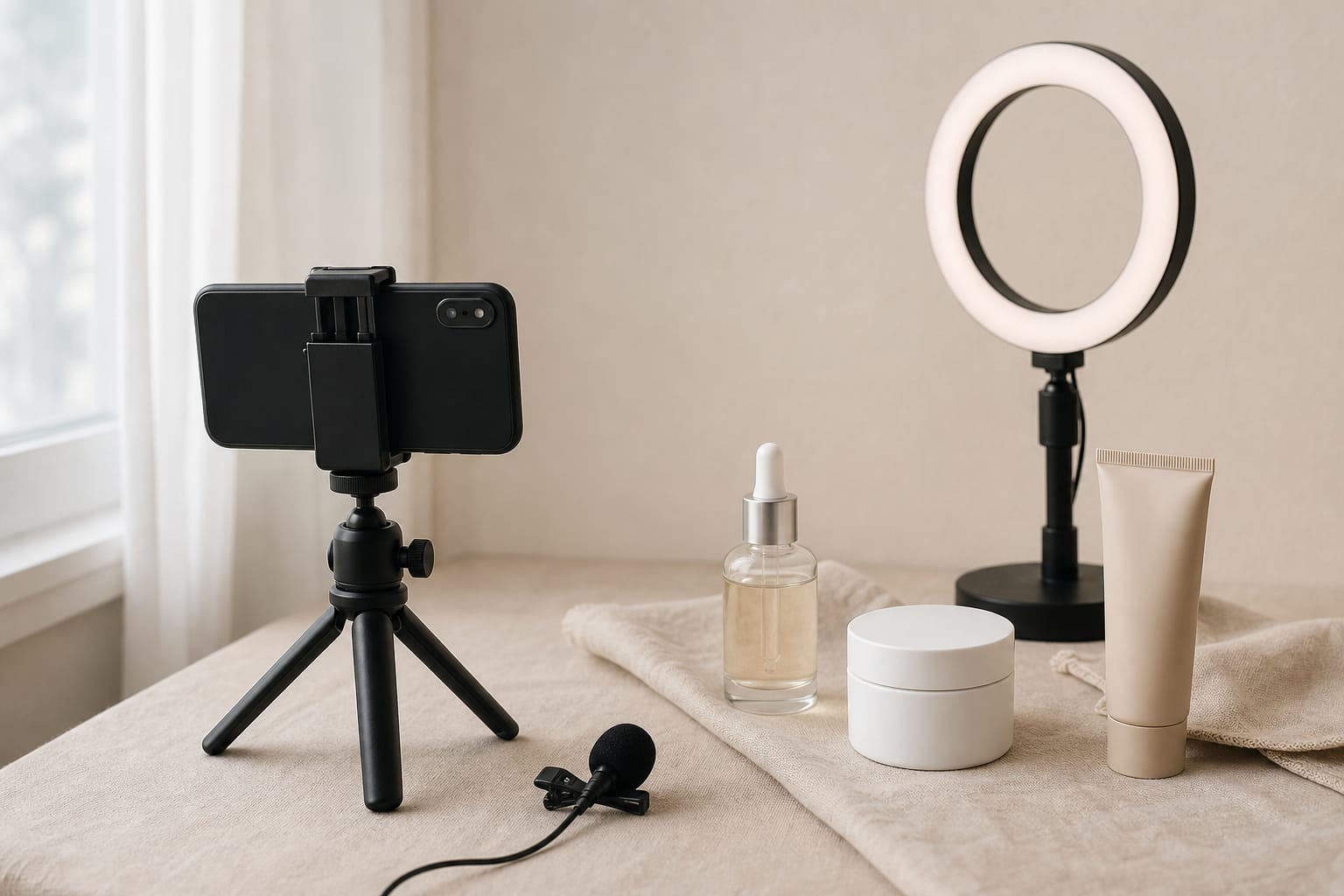 Home filming corner with a phone on a tripod, a ring light, a clip-on microphone and a few unlabelled products on a beige table