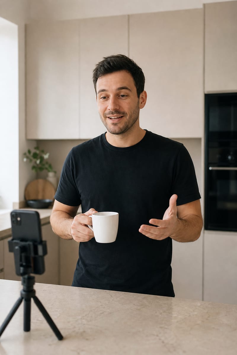 Man in a kitchen talking to a phone on a tripod while holding a plain coffee mug
