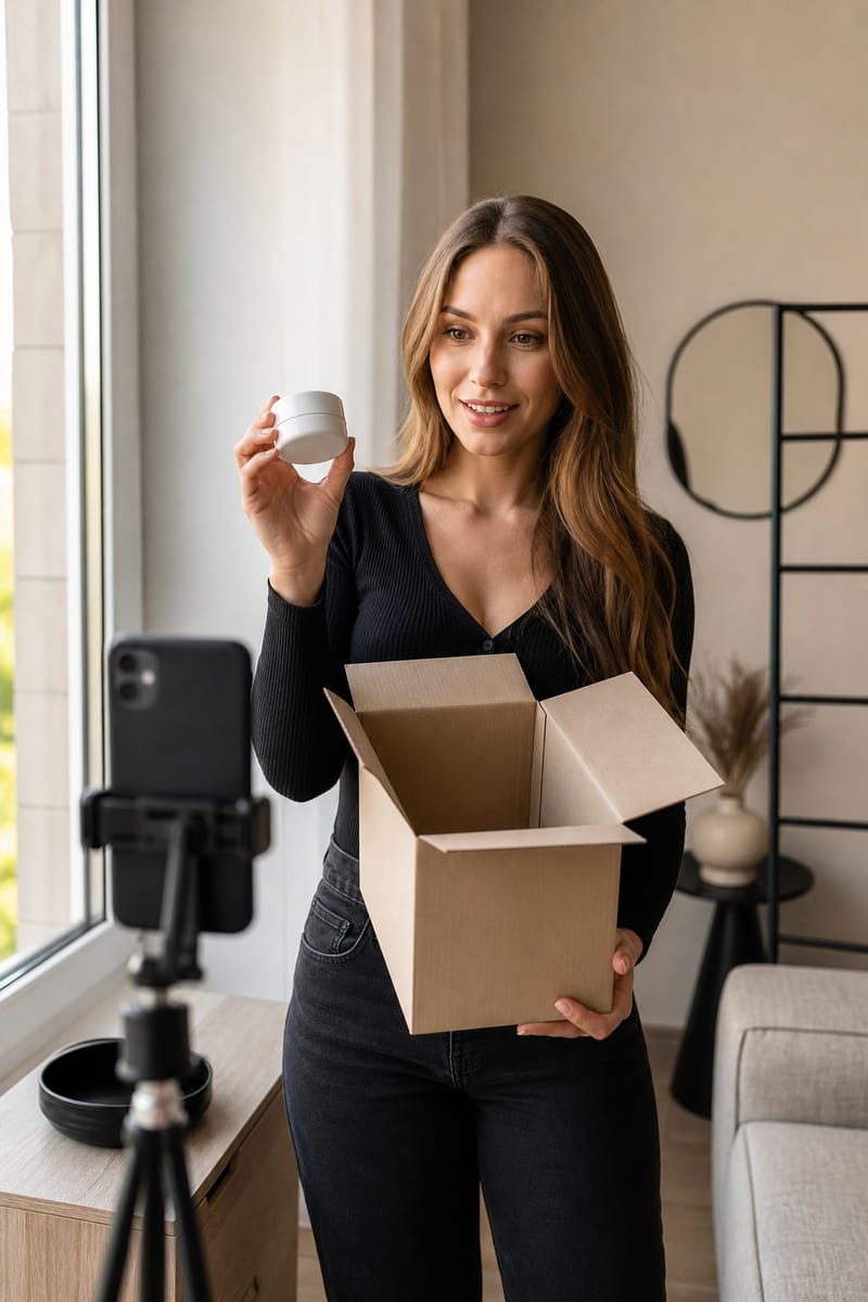 Young woman by a window unboxing an unlabelled cosmetics jar and showing it to a phone on a tripod