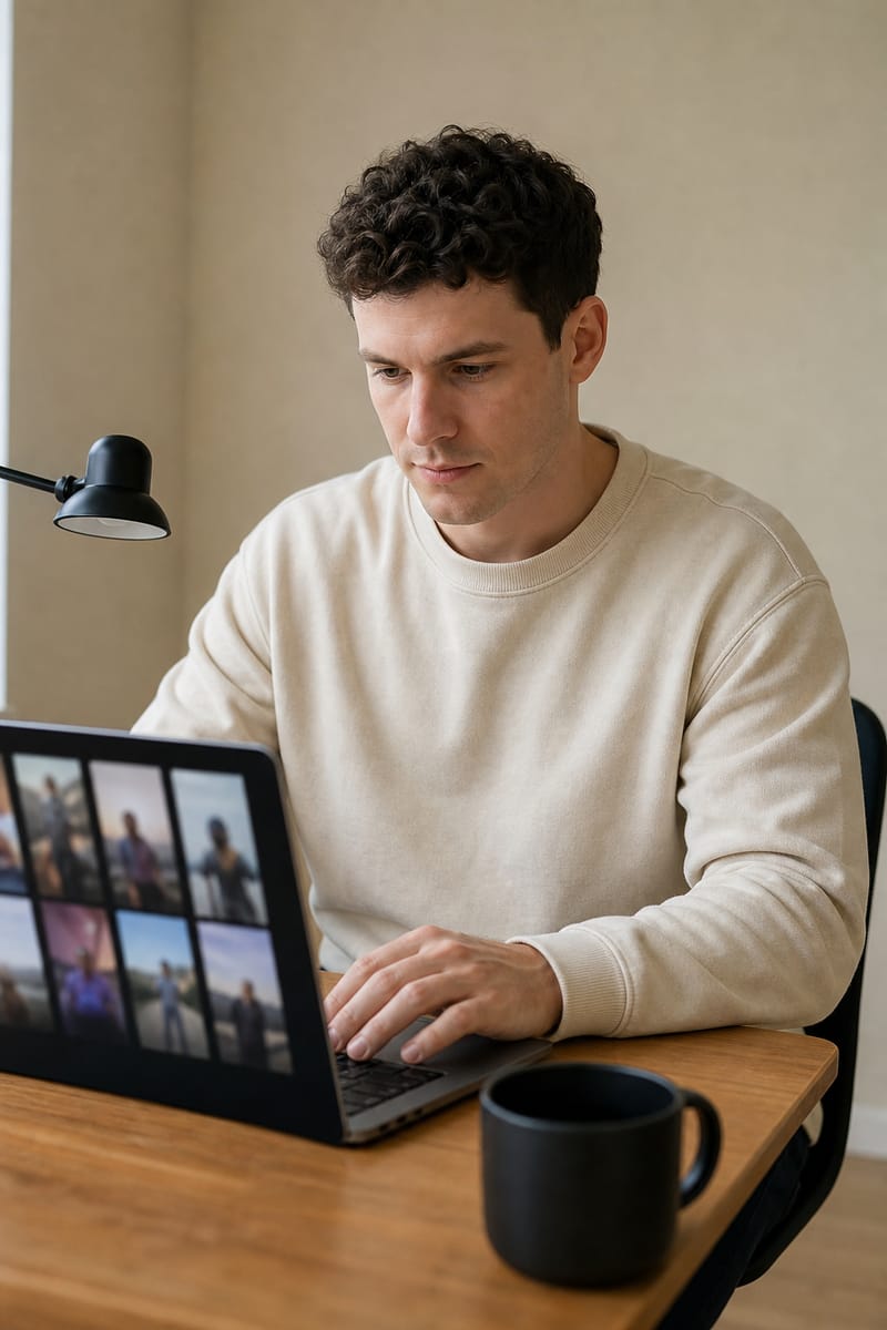 Man at a laptop reviewing vertical video clips before sending them to the client