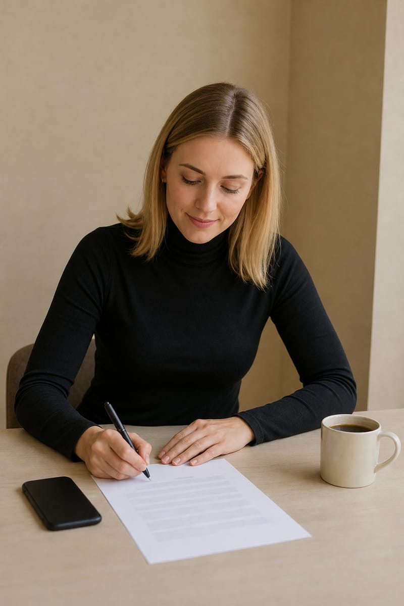 Young woman at a light table signing a paper contract, with a phone and a coffee cup beside her