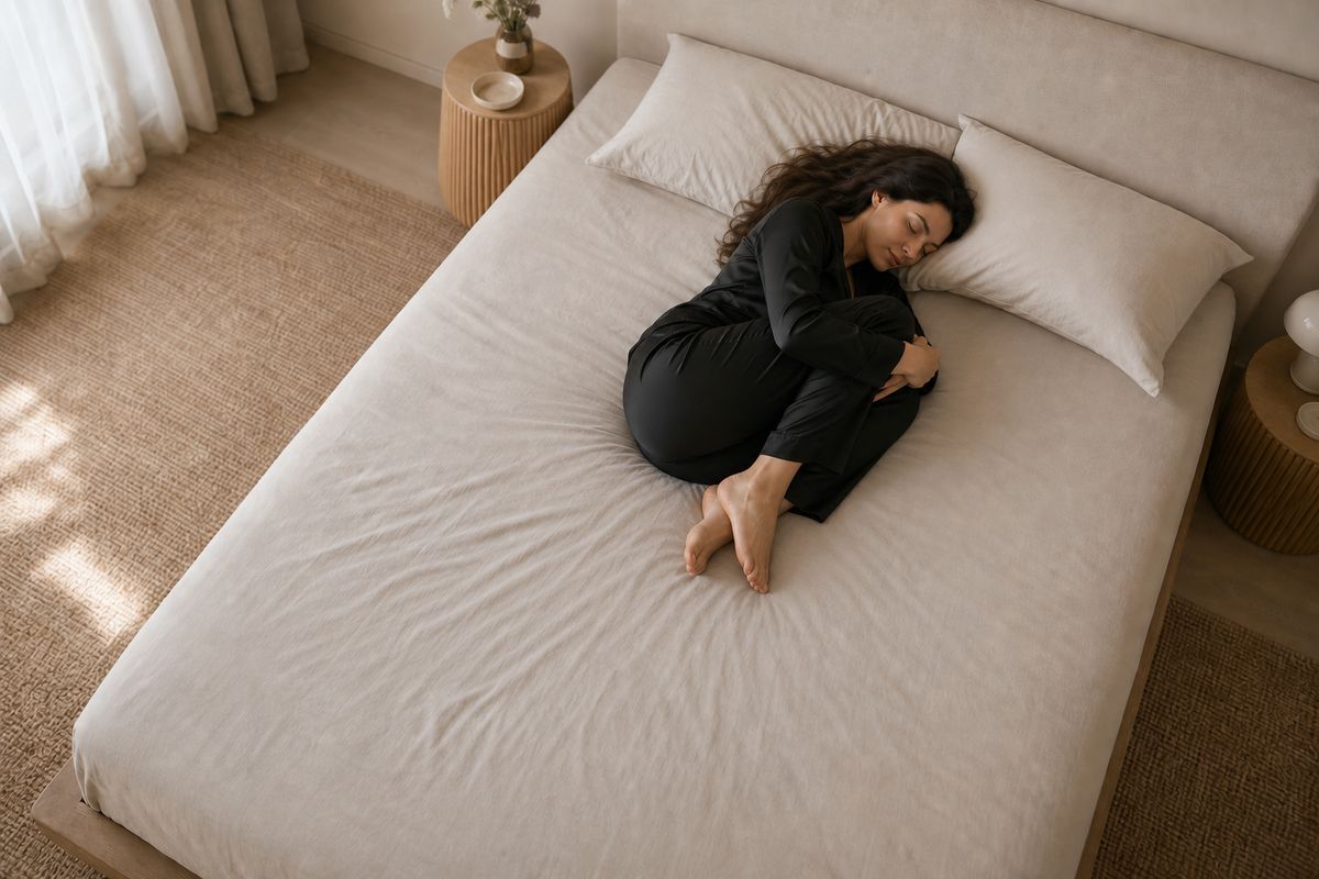 Fetal sleeping position: a woman curled up on her side with knees to the chest