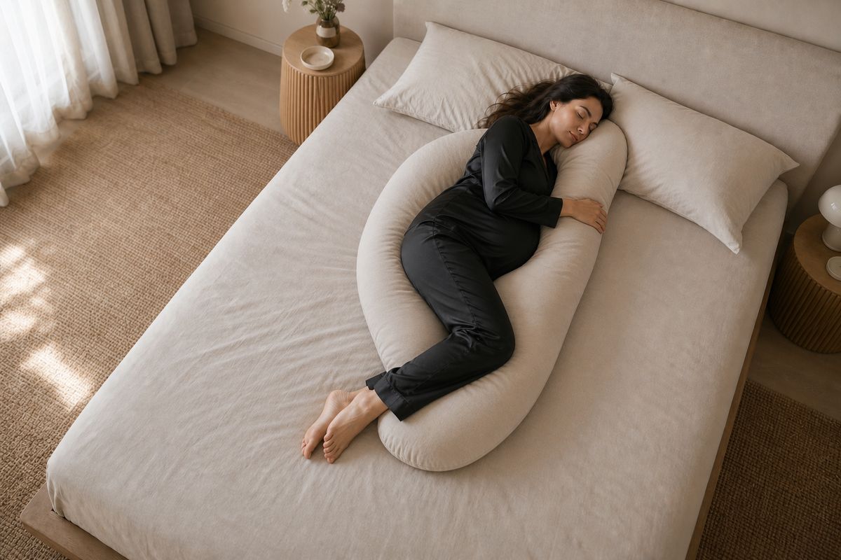 Pregnant woman sleeping on her side with a pregnancy pillow