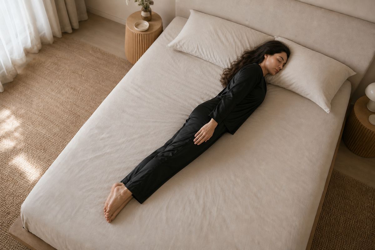 Log sleeping position: a woman on her side with straight legs and arms down