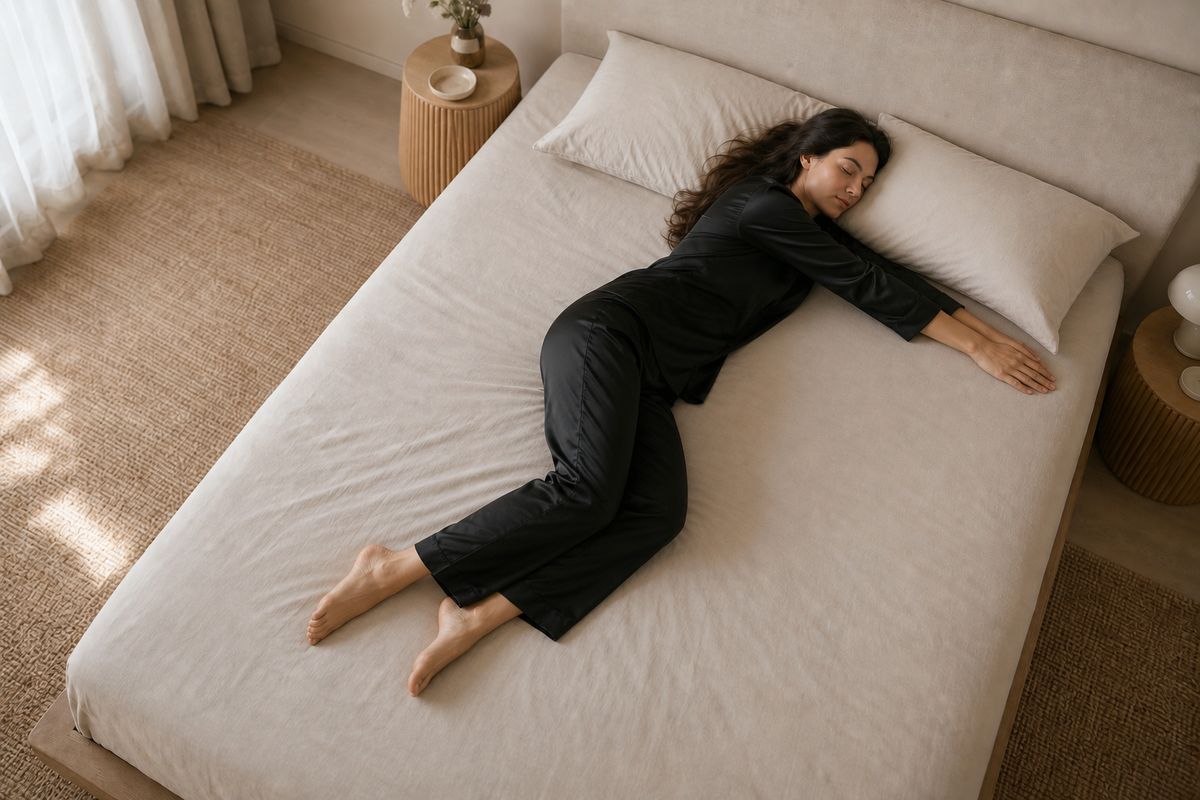 Yearner sleeping position: a woman on her side with both arms stretched forward