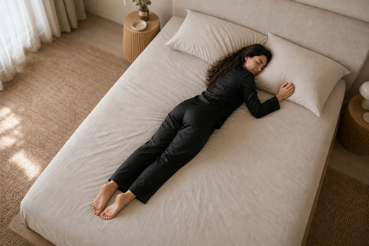 Freefall sleeping position: a woman lying on her stomach hugging the pillow