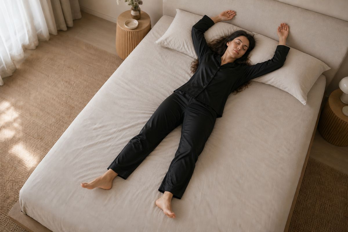 Starfish sleeping position: a woman on her back with arms raised