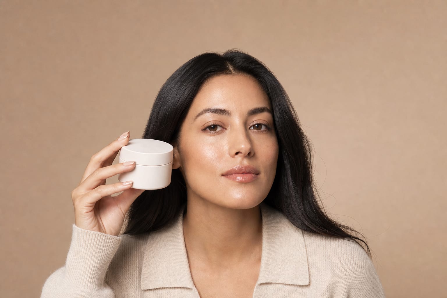 Beauty shoot: a model with sleek dark hair holds a jar of cream by her cheek against a light beige backdrop