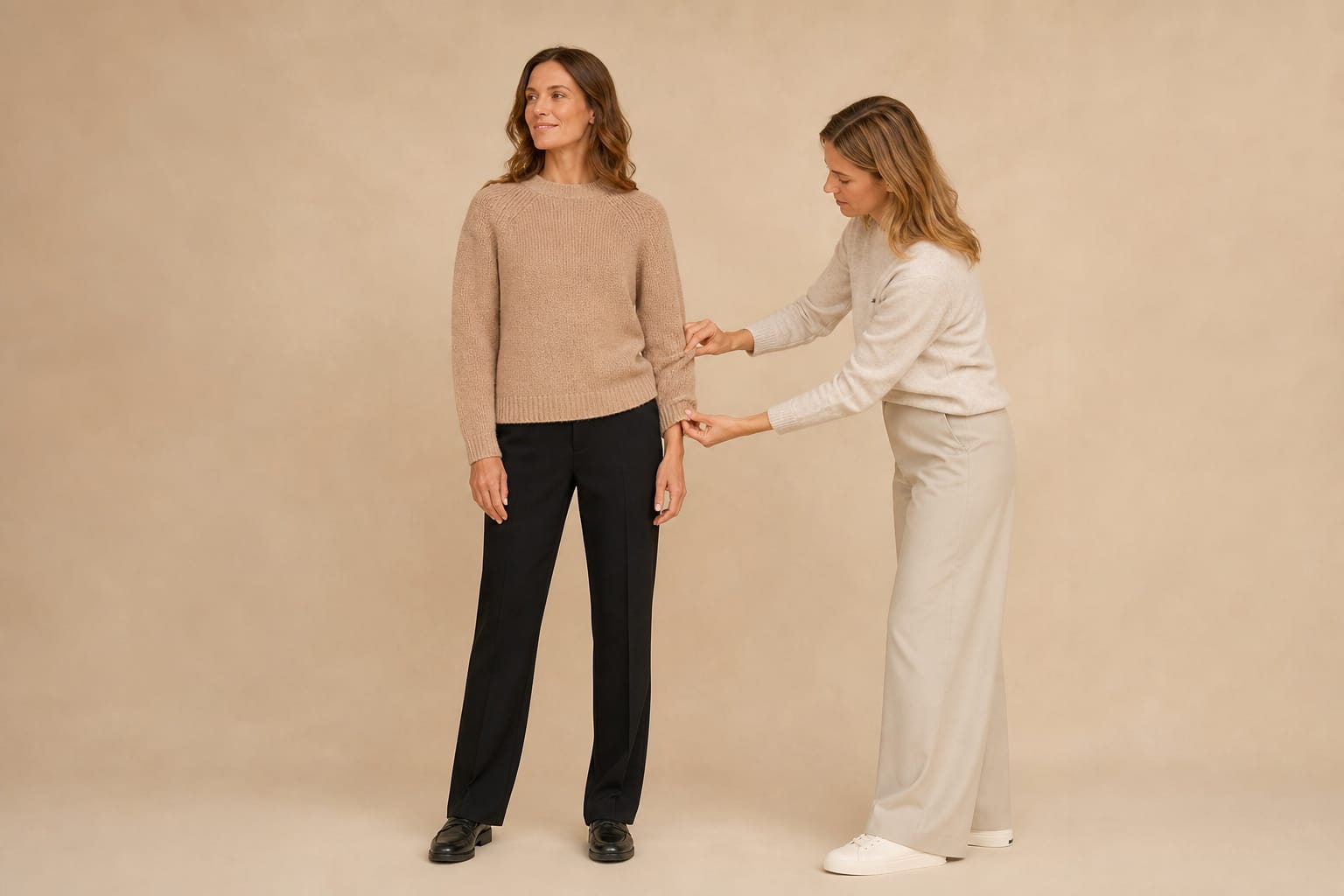 Catalogue shoot: a model in a beige jumper stands against a light backdrop while a stylist adjusts the sleeve