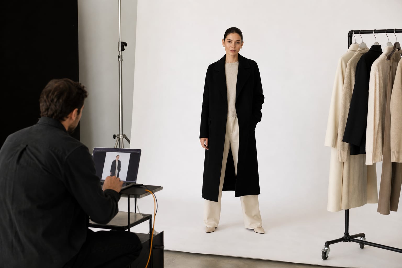 E-commerce shoot: a model in a black coat stands on a white studio backdrop next to a rail of clothes