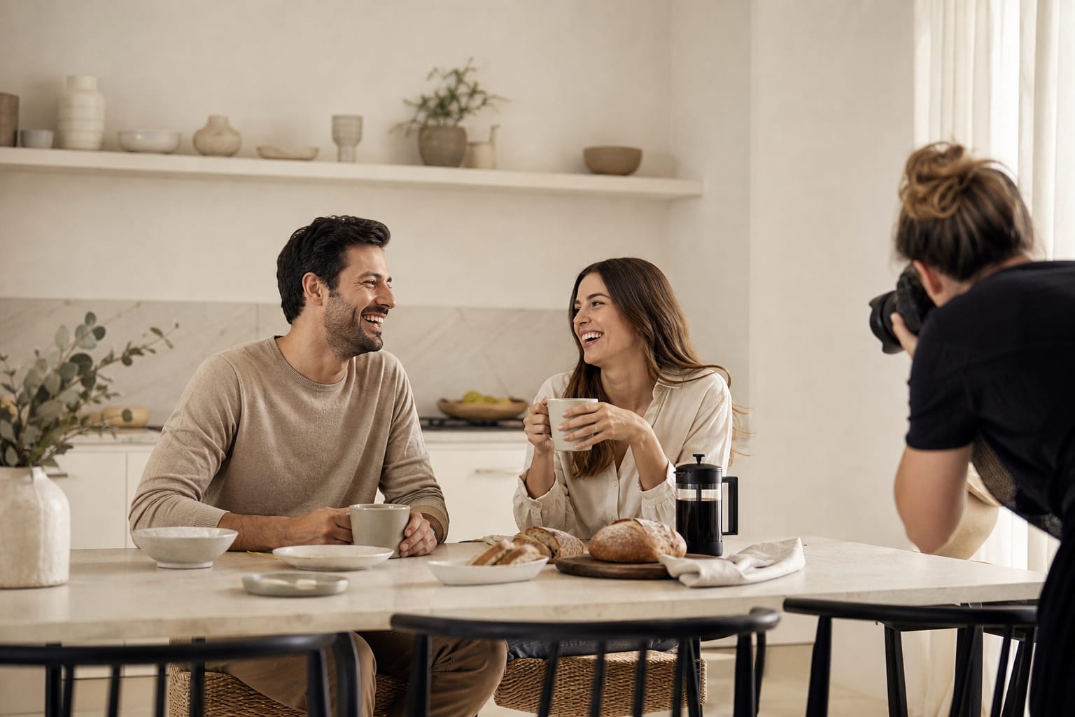 Advertising shoot: a male and a female model laughing at a breakfast table in a bright kitchen, with a photographer beside them