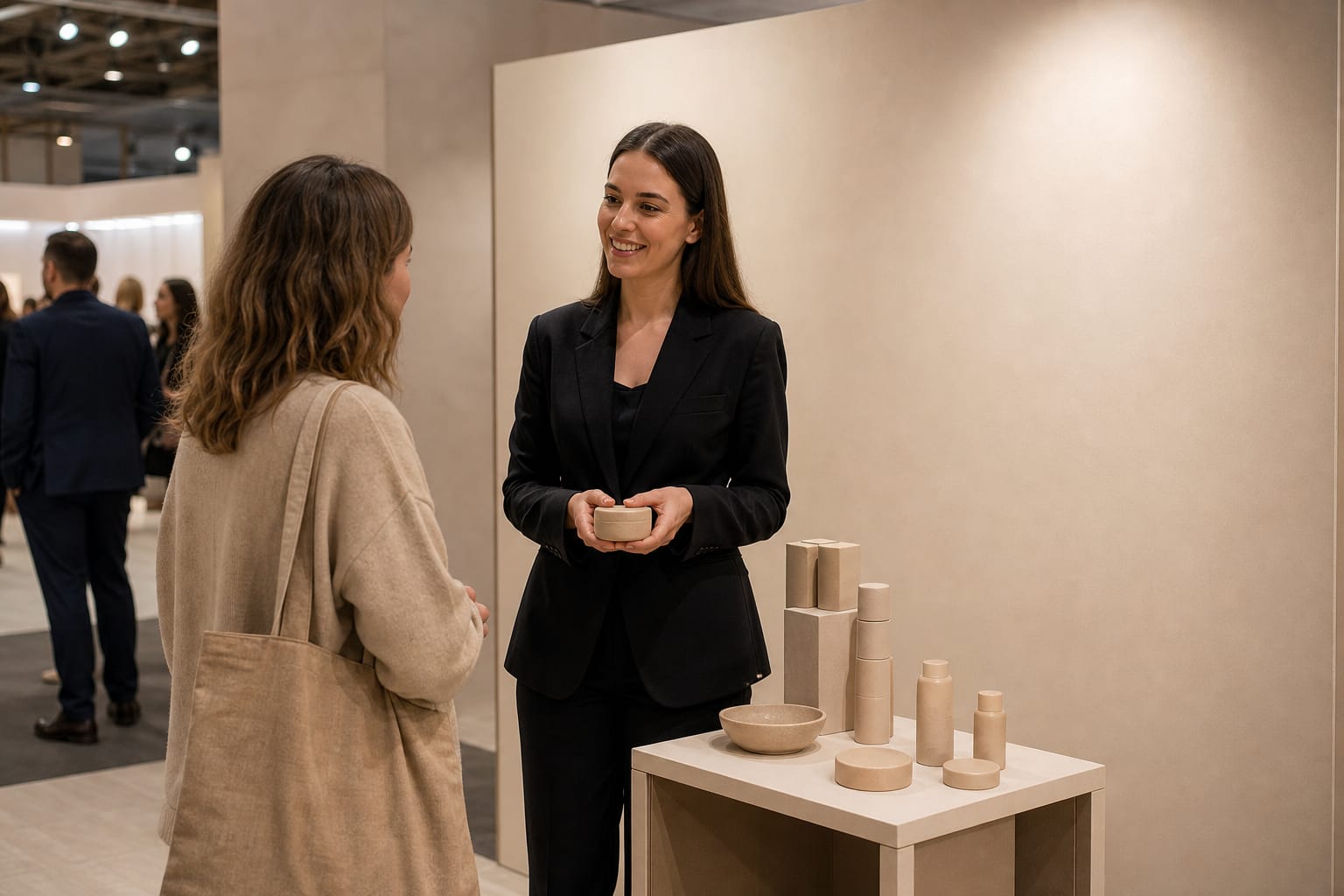 Promotional model in a black suit talking to a visitor at a trade fair beside a plain light stand