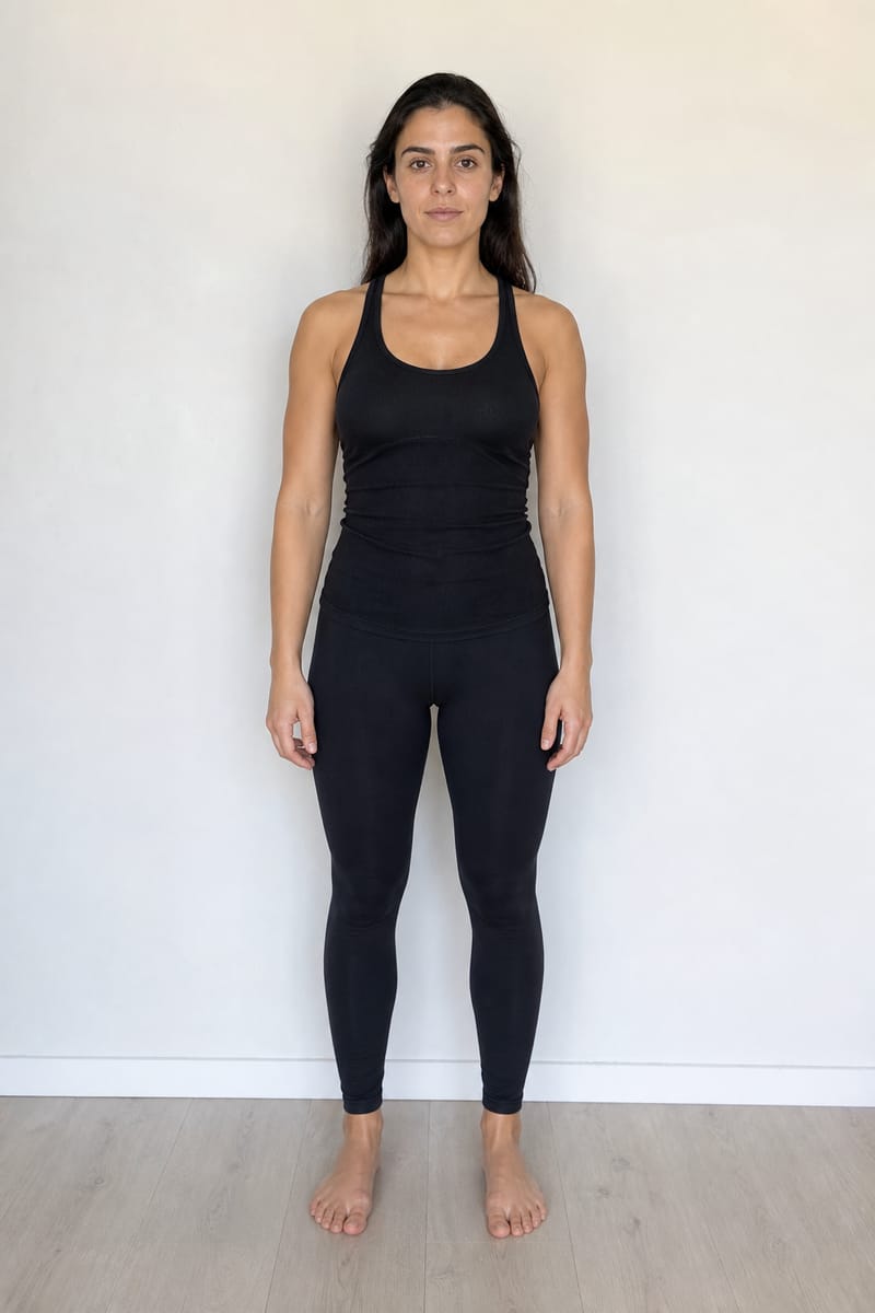Fitness model standing against a white wall in fitted black activewear, a plain agency picture with no make-up