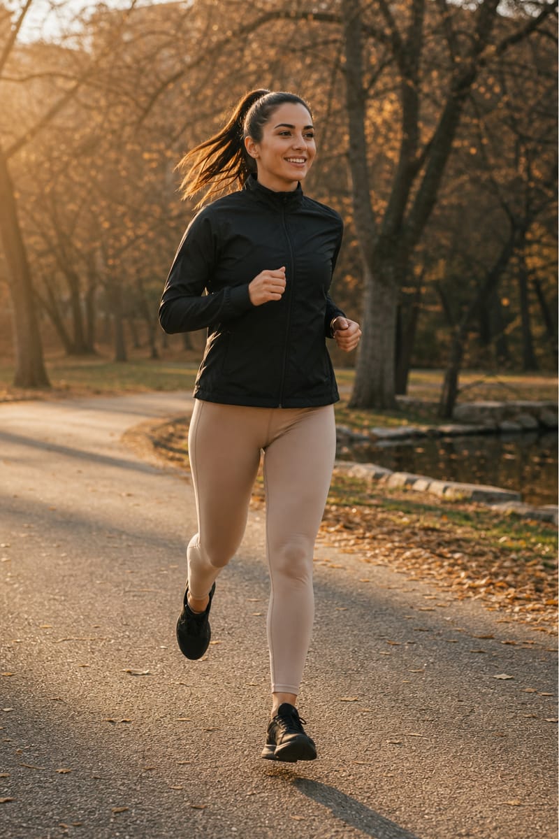 Fitness model running on a park path during a sportswear campaign shoot
