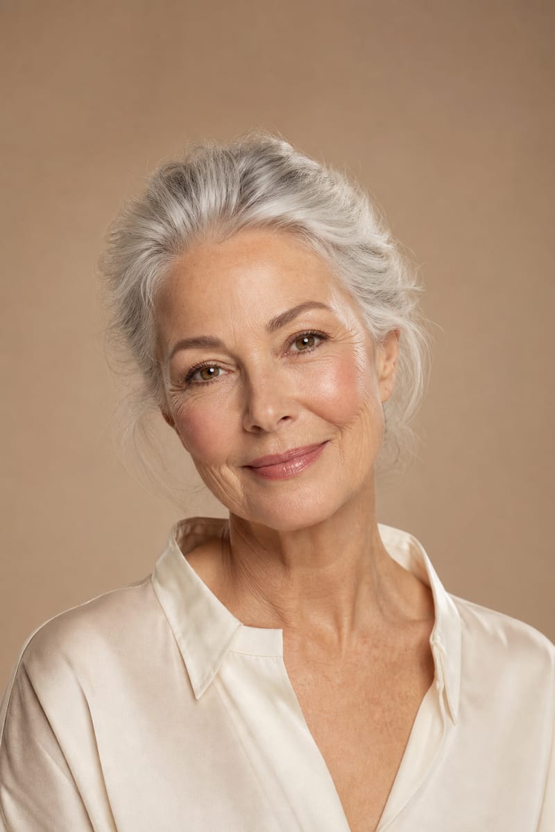 Beauty portrait of a mature model with silver hair for a skincare campaign