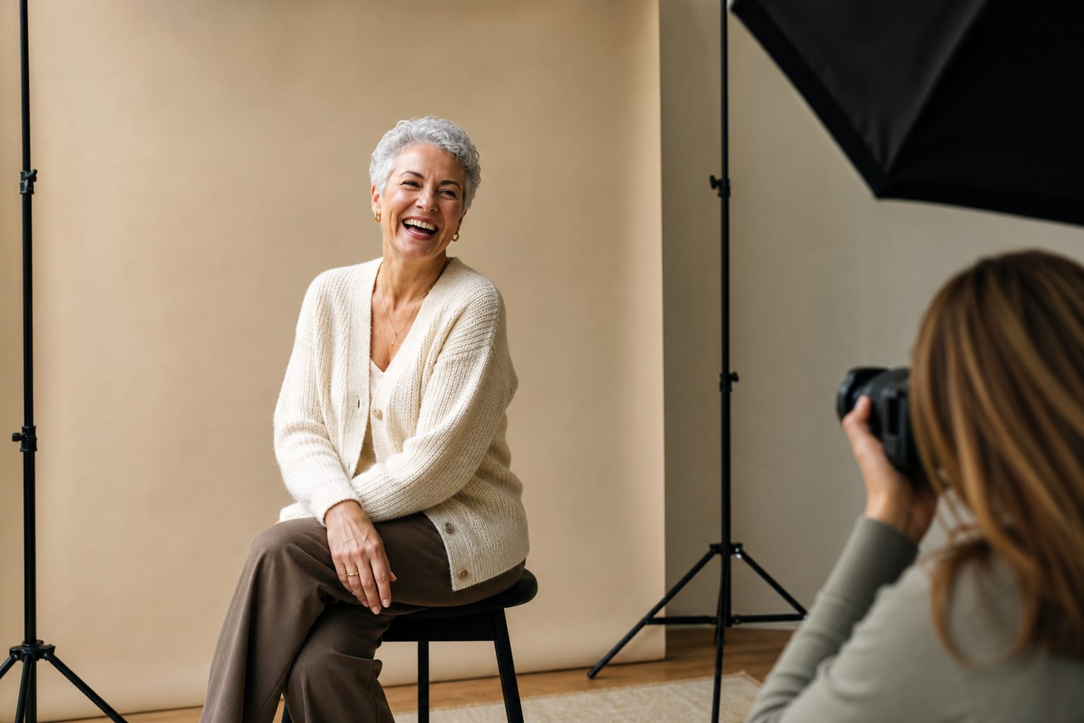 A grey-haired older model at an advertising shoot