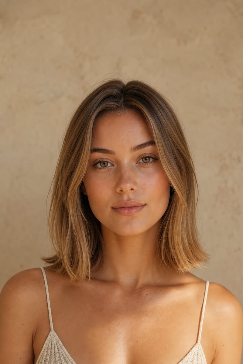 Beauty shot of a petite model: face, neck and shoulders against a warm neutral background