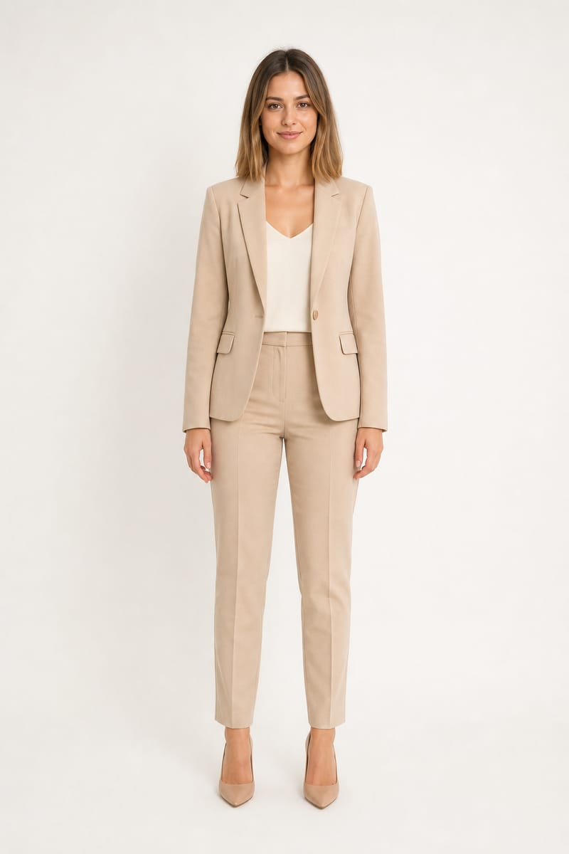 A petite model at an e-commerce shoot, full length