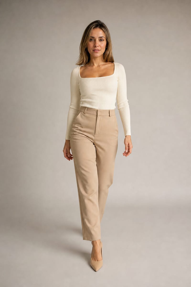 Model stepping towards the camera, camera held below the waist, long leg line