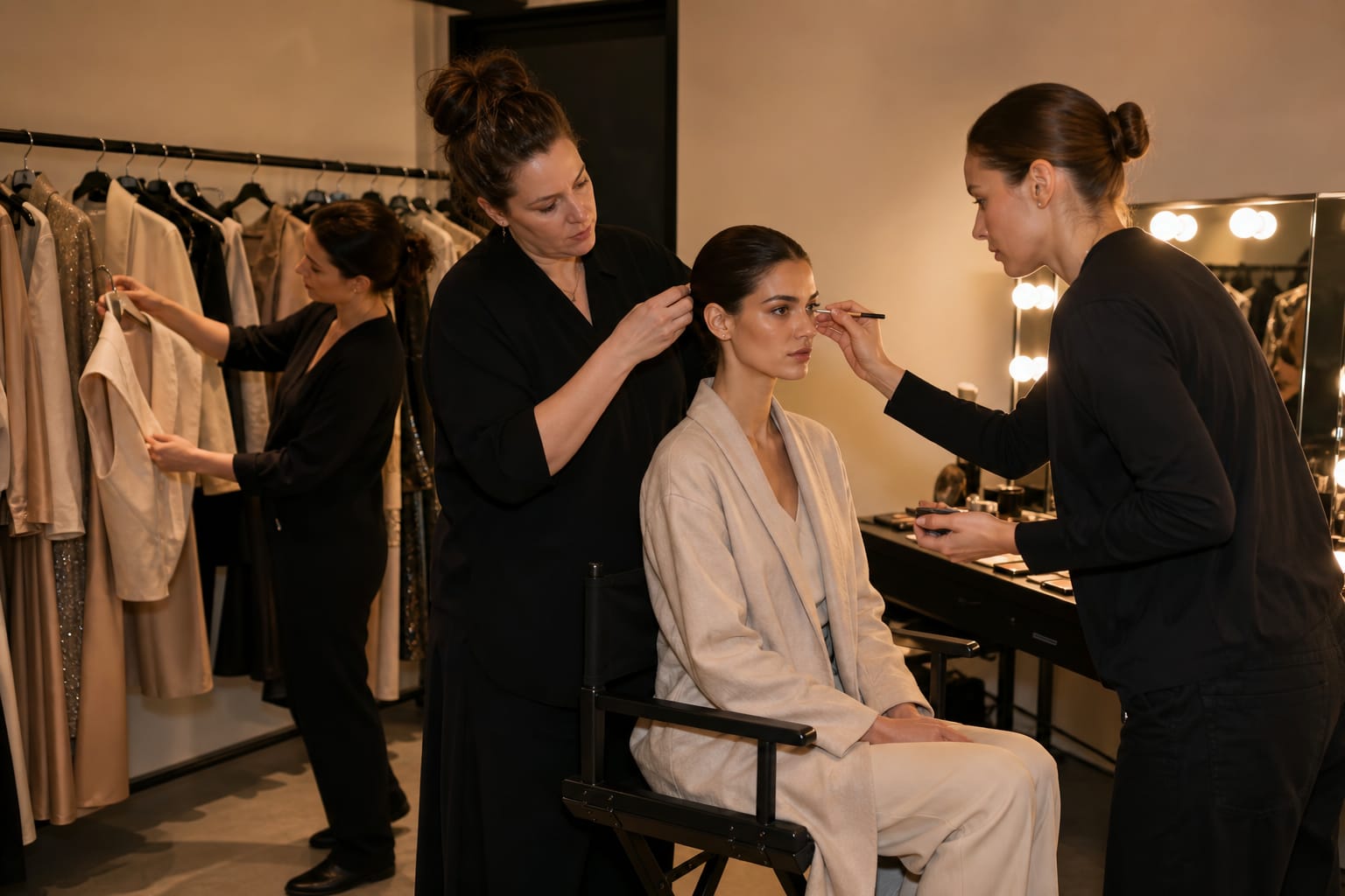A model sits backstage while a hair stylist and a make-up artist prepare her, with a clothing rail behind