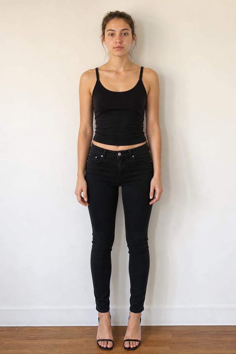 Model digital from the front: plain black clothes, no make-up, against a light wall
