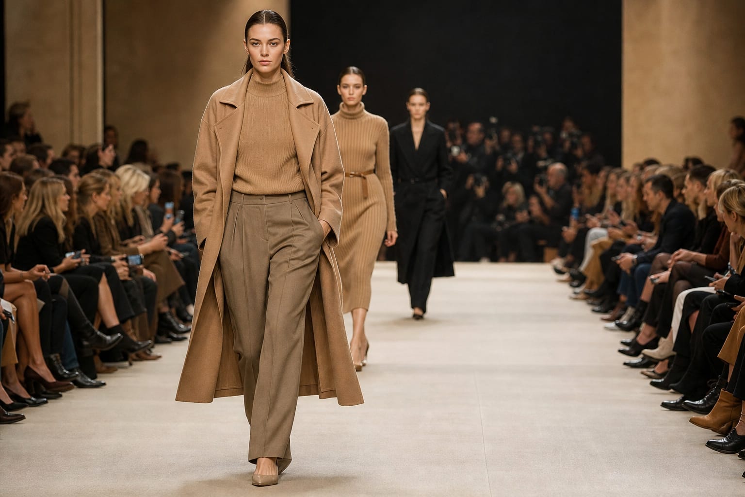A runway model walking in a fashion show with the audience seated on both sides